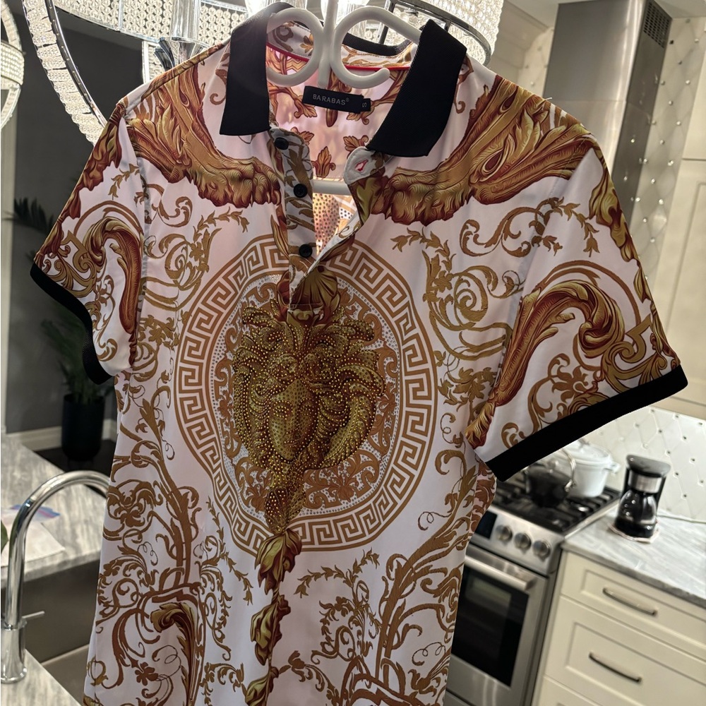 Barabas   Men's Gold and White Polo Shirt  Vegas Swarovski crystal new years!